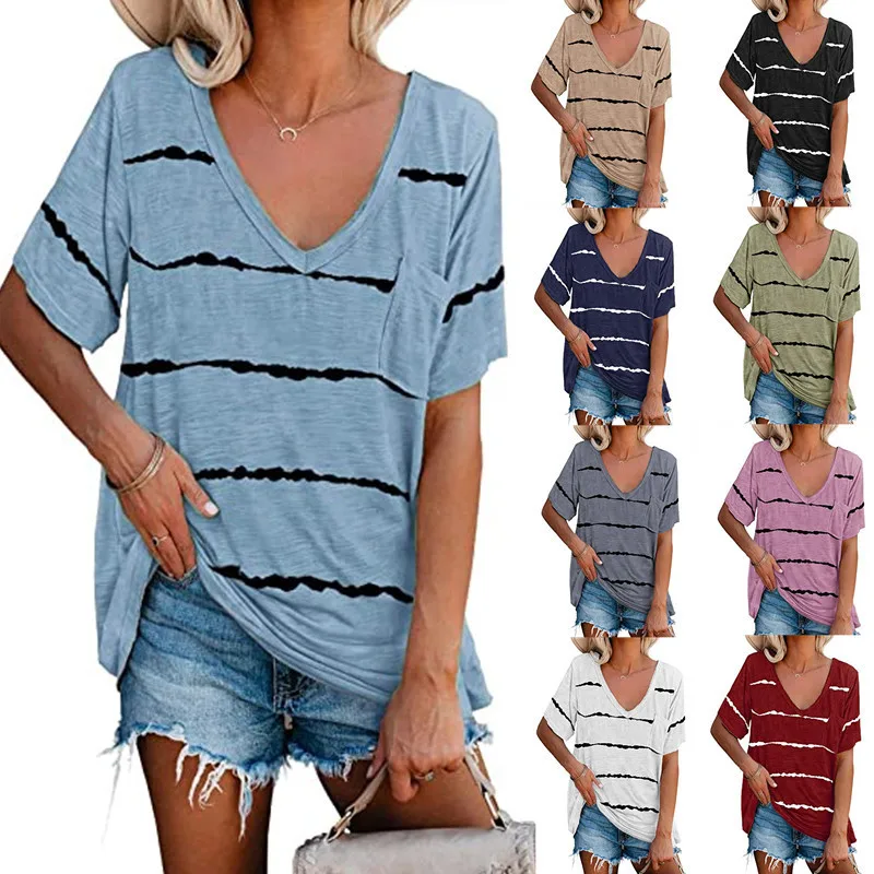 

Amazon Wish women tie-dyed loose stripe print V-neck pocket short-sleeved T-shirt, Picture shows