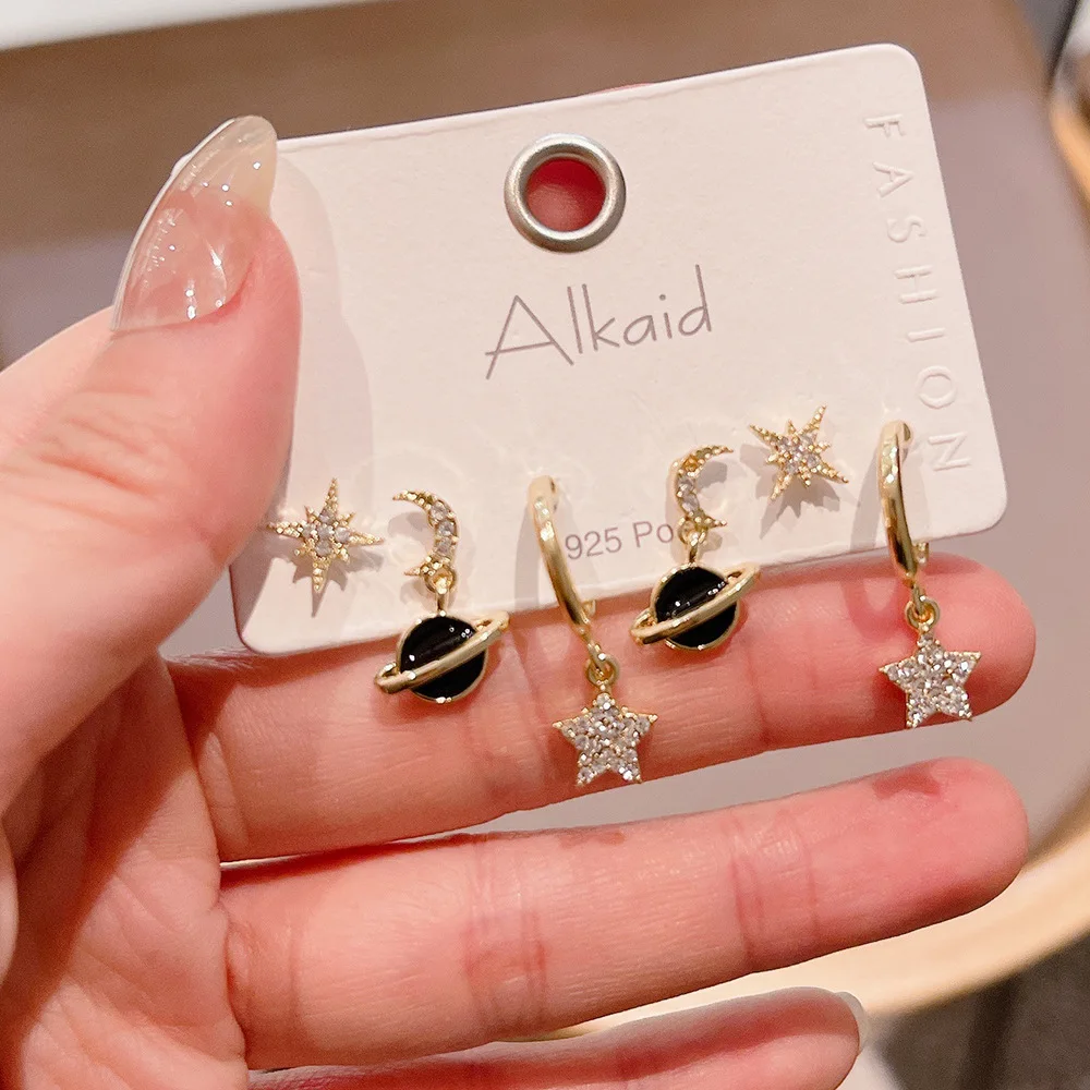 

New Arrival Trend Jewelry Explosion Star Rhinestone Moon Drop Oil Planet Needle Alloy Drop Earring Set, Picture