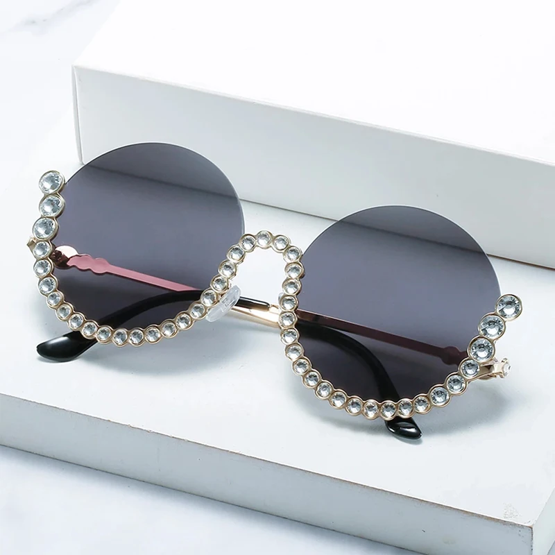 

new rhinestone round woman sunglasses vintage half frame ladies crystal sun glasses female decoration 2022 female uv400