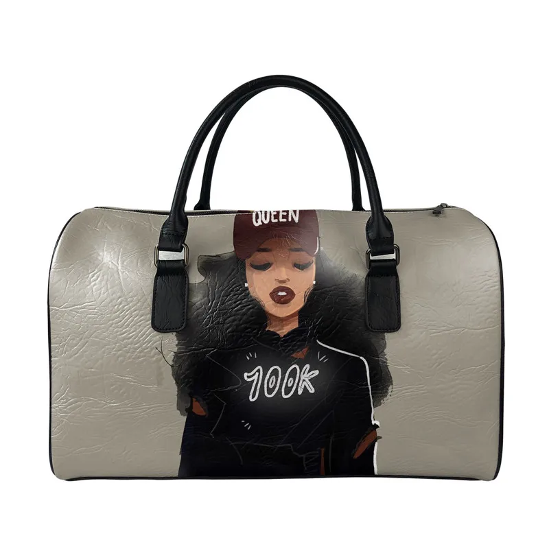 

African Art Girl Printing High Quality Leather Travel Shoulder Bag Womens Duffel Traveling Leather Bag