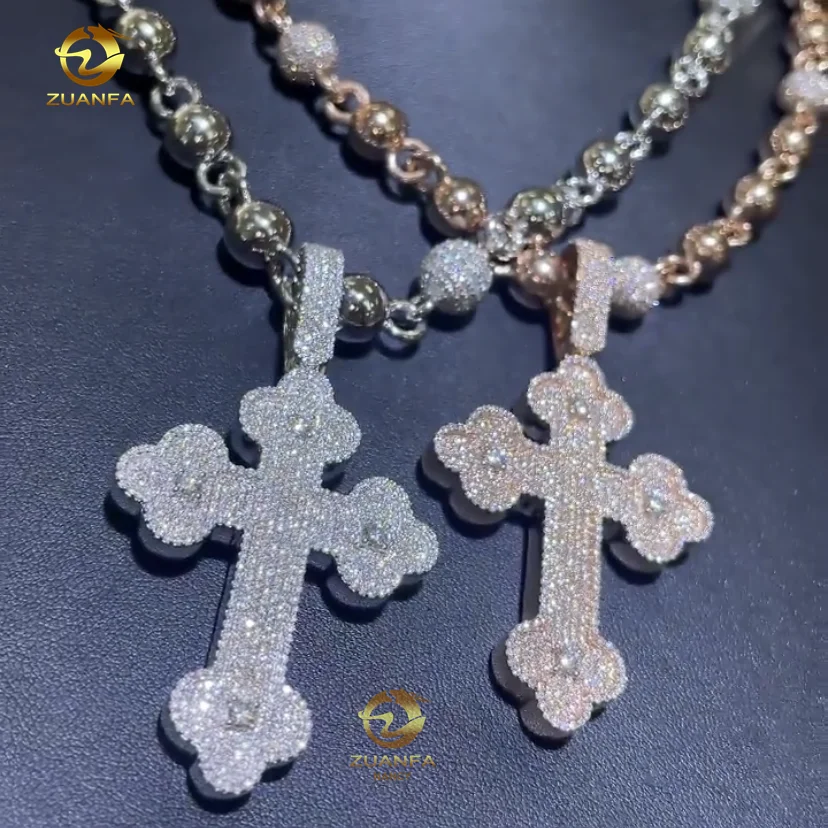 

Wholesale price hip hop luxury gold rose gold silver vvs baguette moissanite diamond iced out cross pendant necklace