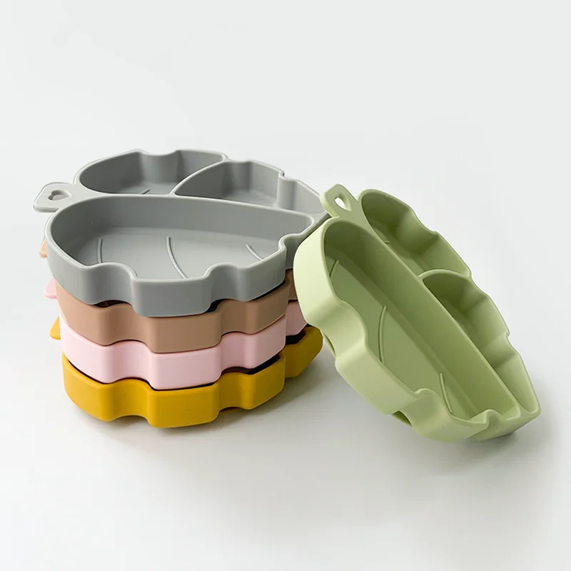 

Non Slip Food Grade Silicone Leaf Plate Divided for Toddler Kids Baby Suction Plate, Customized color