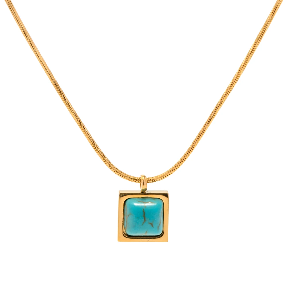 

Turquoise Stone Necklace 18K Gold Plated Square Shaped Pendant Statement Necklace