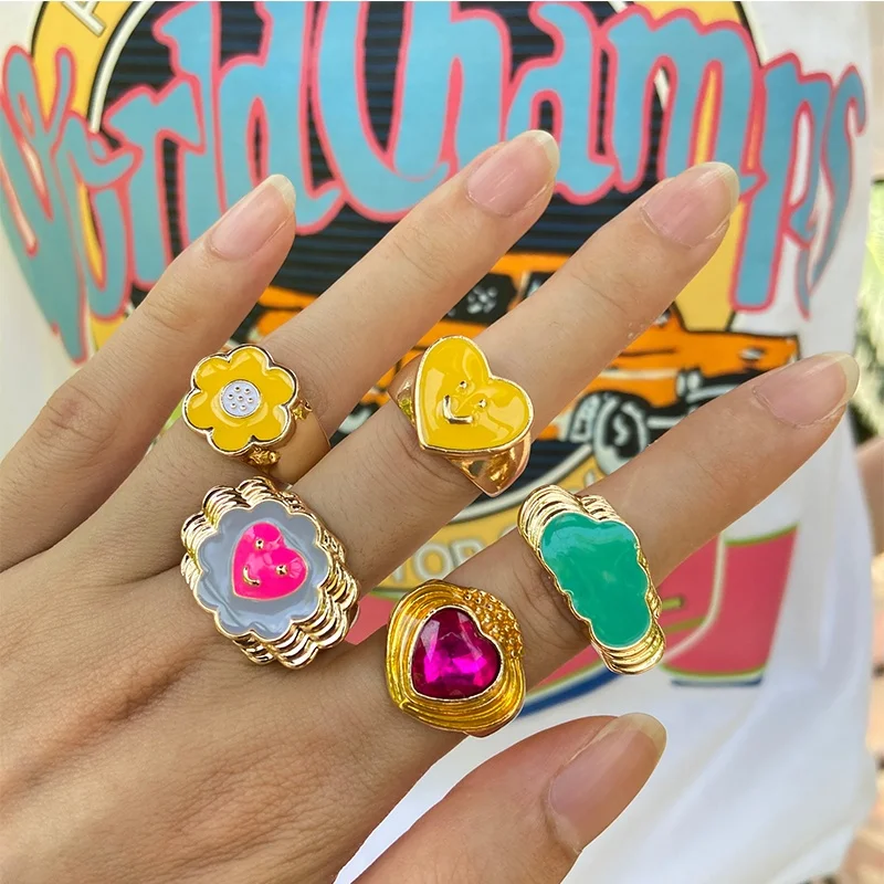 

New hot Y2k jewelry women colorful smile face sun heart drip oil finger rings cute gold plated chunky metal flower enamel ring