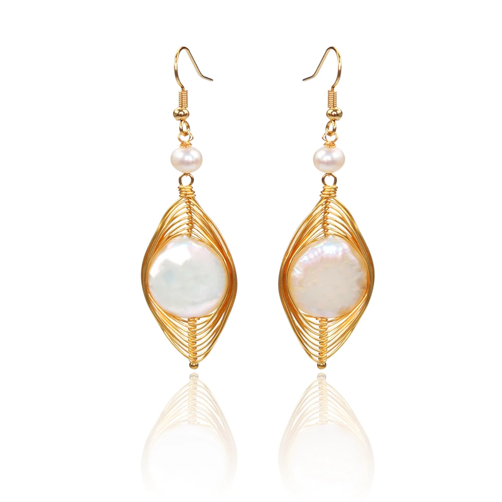 

925 Silver Plated Handmade Wire Wrapped Natural Freshwater Pearl Earring