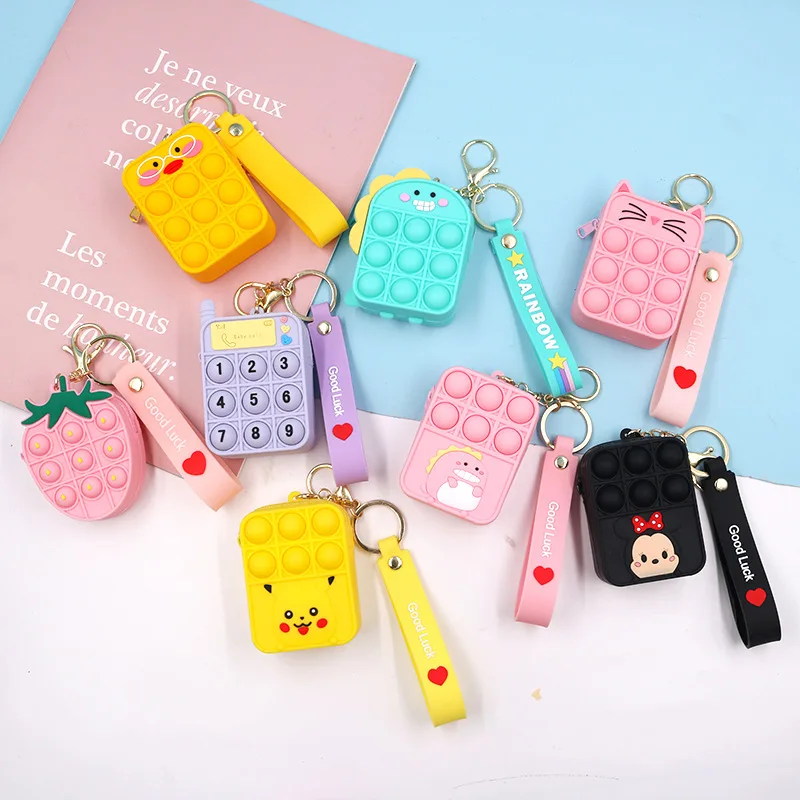 

2021 New Style Mini Cute Cartoon Silicone Pop Bubble Fidget Toy Coin Pouch Zipper Wallet Coin Purse, Colorful