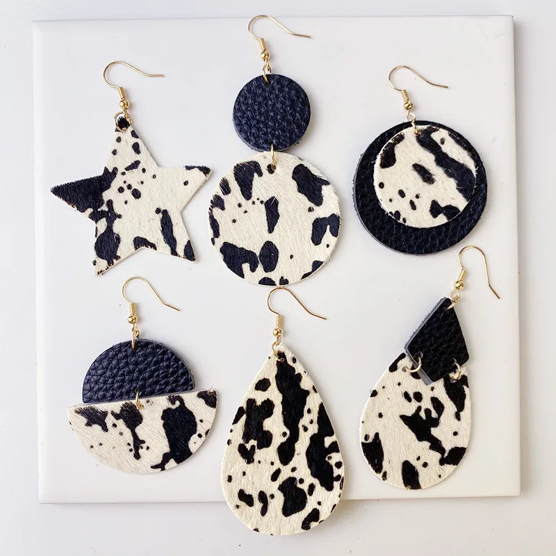 

OUYE New cow pattern leather earrings female head layer cowhide round water drop cow head retro horsehair high quality earrings, Golden/silver
