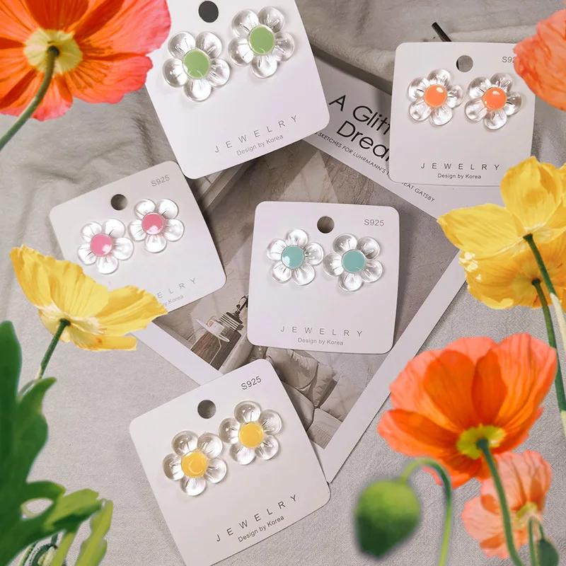 

OUYE S925 silver needle resin geometric earrings hit color petals girl ins clear colorful flower earrings transparent earrings, Golden/silver