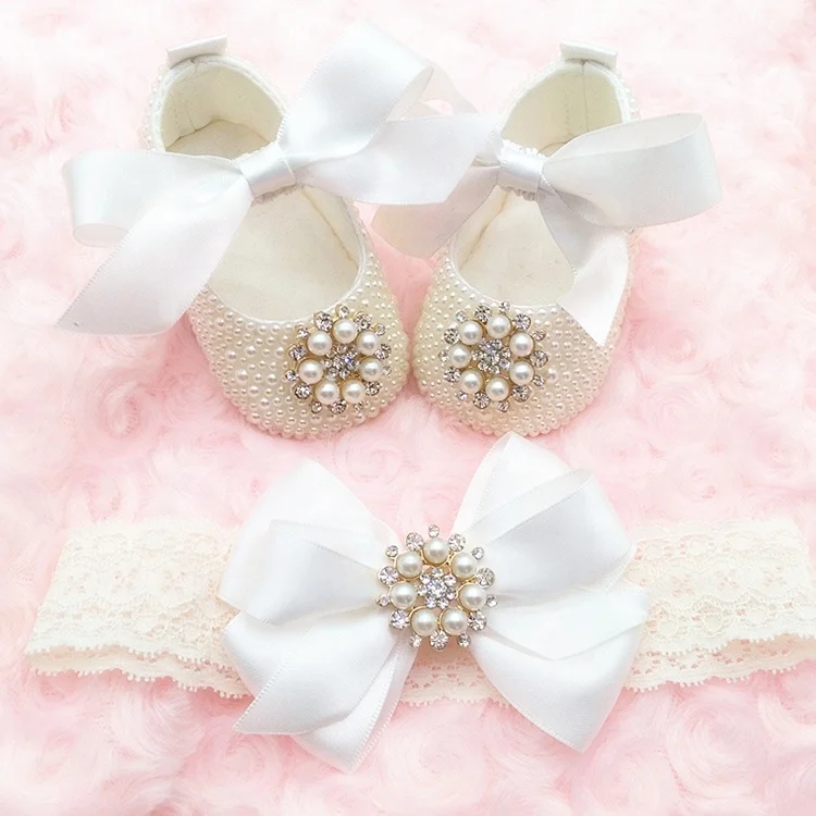 

Baby Girl Baptism Shoes Soft Sole Flower Princess Christening Shoes with Headband for Newborn Toddler Infant