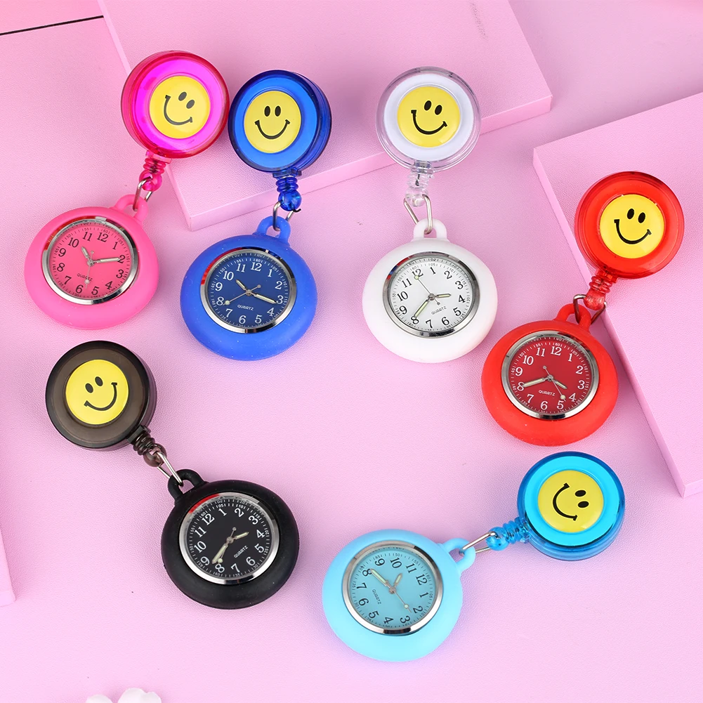 

New Chest Pocket Watch Colorful Night Light Scalable Smiling Face Doctor Nurse Watch Fob Brooch Pocket Watch With Clip, 6 colors