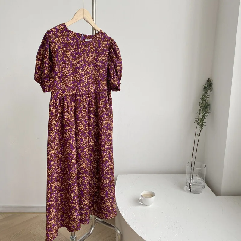 

Q525 New Vintage Puff Short Sleeve Tiny Floral Print Summer Long Dress Korean High Quality Casual Dresses Vestido Clothing