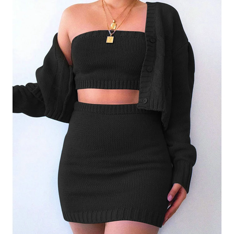 
3 Piece Set Women Outfits Strapless Knitted Short Coat Crop Top And Skirt Womens Clothing 
