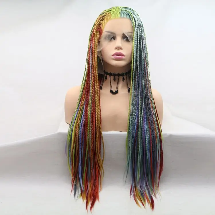 

High Quality Synthetic Fiber Wig Lace Colored Braid Hair Rainbow Trend New Head Cover, Colorful