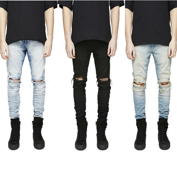 

2021 Denim New Fashion Hole Ripped Paint Blue Denim Stretch Men Jeans