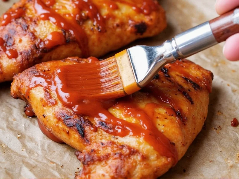 Brushing homemade barbecue sauce on grilled chicken thighs