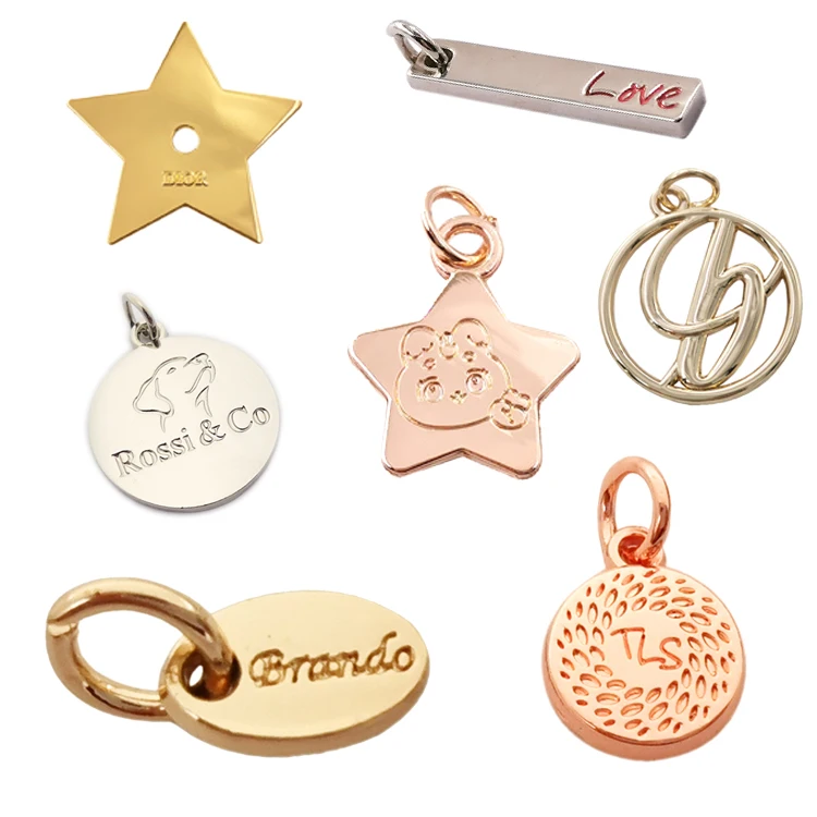 

Zinc alloy stamped branded logo custom small metal pendant charm jewelry tags