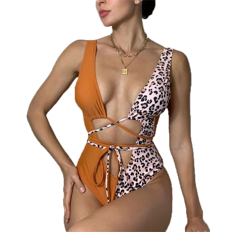 

Women Contrasted Color Leapard Print One Piece Swimsuit Sexy Beachwear For Women, As photo shown