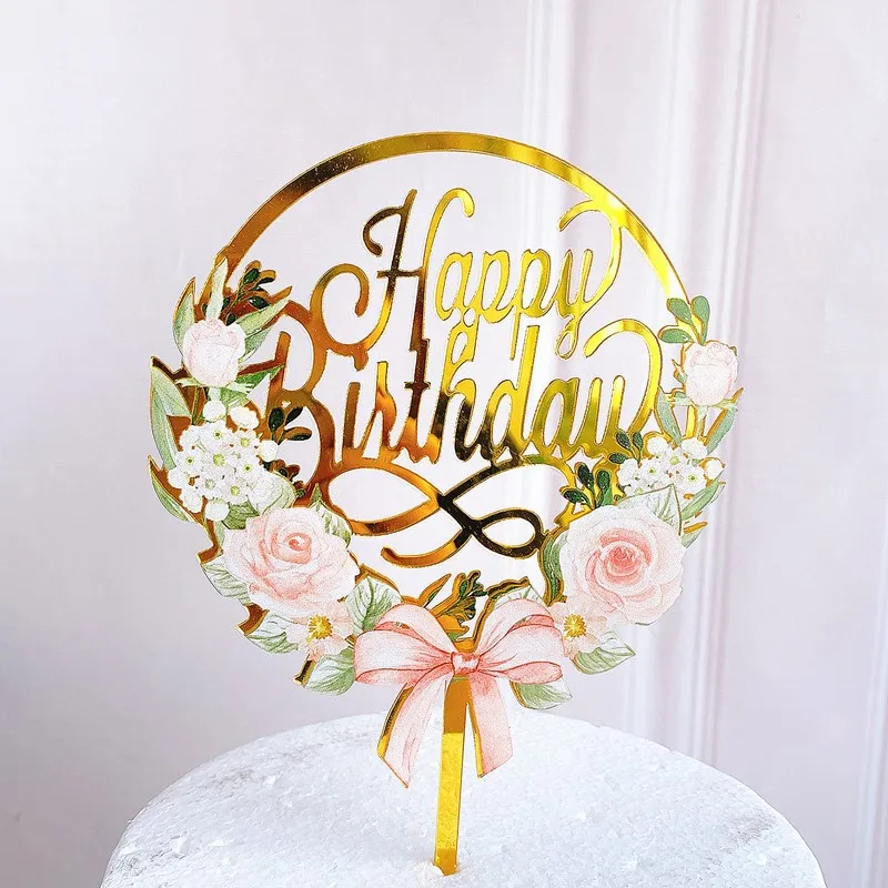 

Hot selling gold flower acrylic cupcake topper pastries decorations happy birthday cake toppers