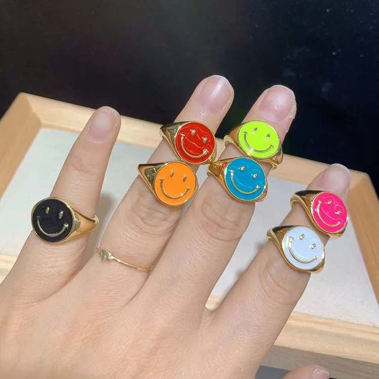 

RA1005 New Dainty Minimalist Bling 18K Gold Plated Neon Rainbow Enamel Smile Face Smiley Open Rings For Women Ladies