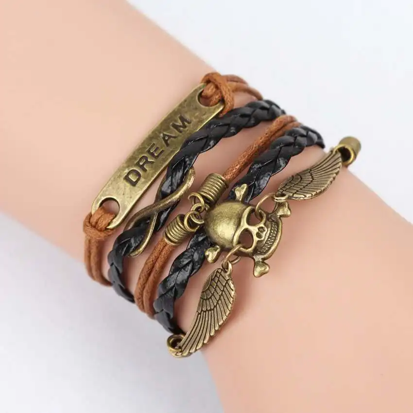 Trendy Fashion Skull Stainless Steel Jewelry Men Brown Leather Bracelet Men Multi-pattern