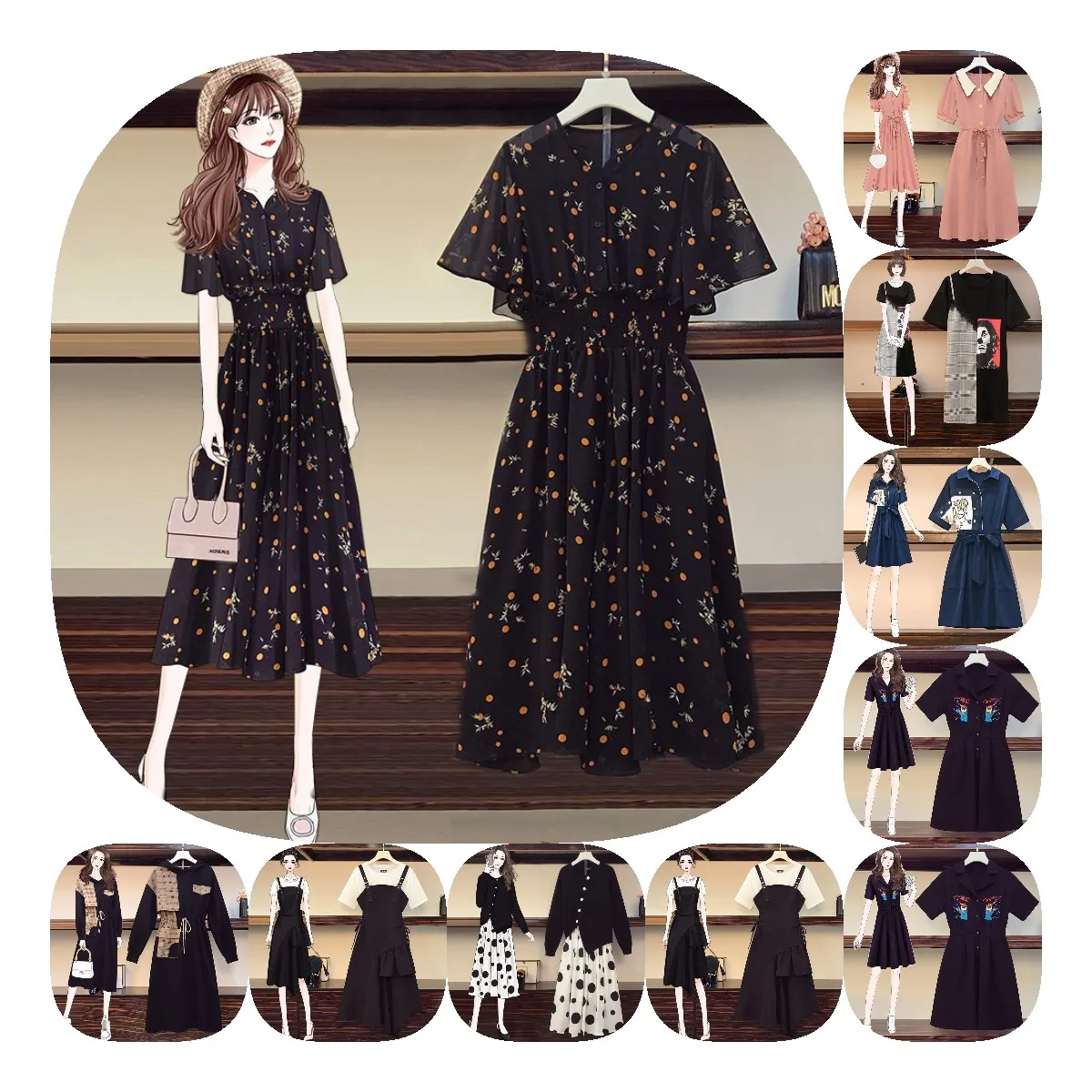 

2021 Women Casual Autumn Dress Lady Korean Style Vintage Floral Printed Chiffon Shirt Dress Lotus Sleeve Bow Summer Mid-length