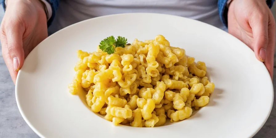 Fresh herbs sprinkled over a finished spaetzle dish