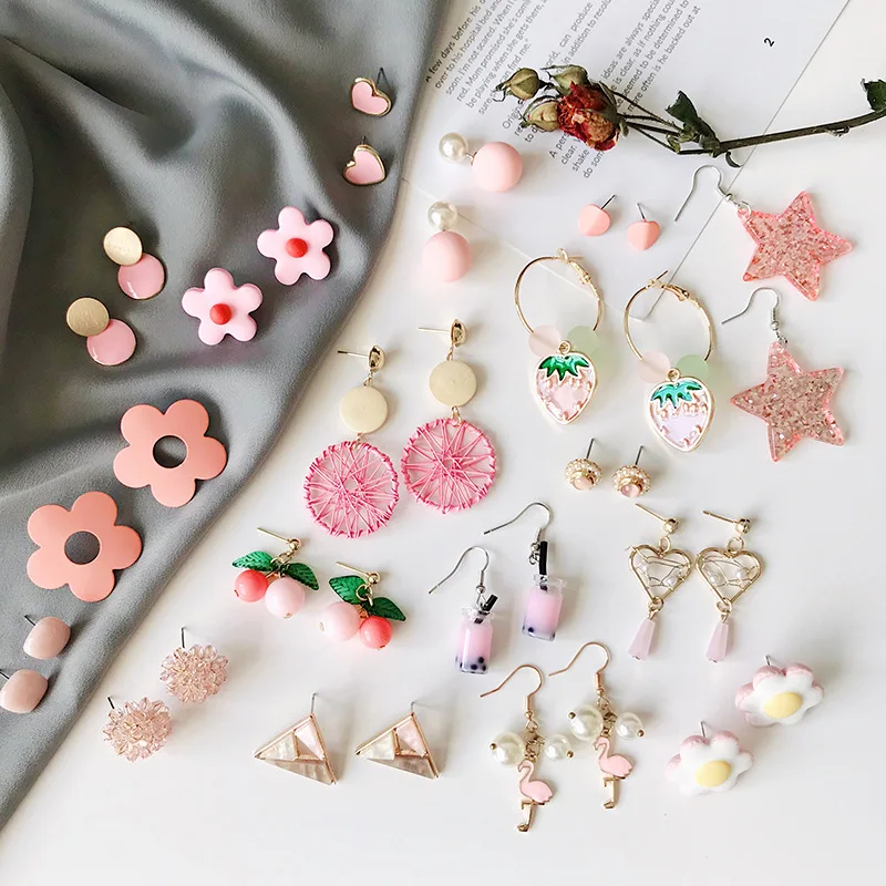 

Japanese and Korean sweet girl pink pearl tassel earrings simple flower net red ins wind earrings, As the picture