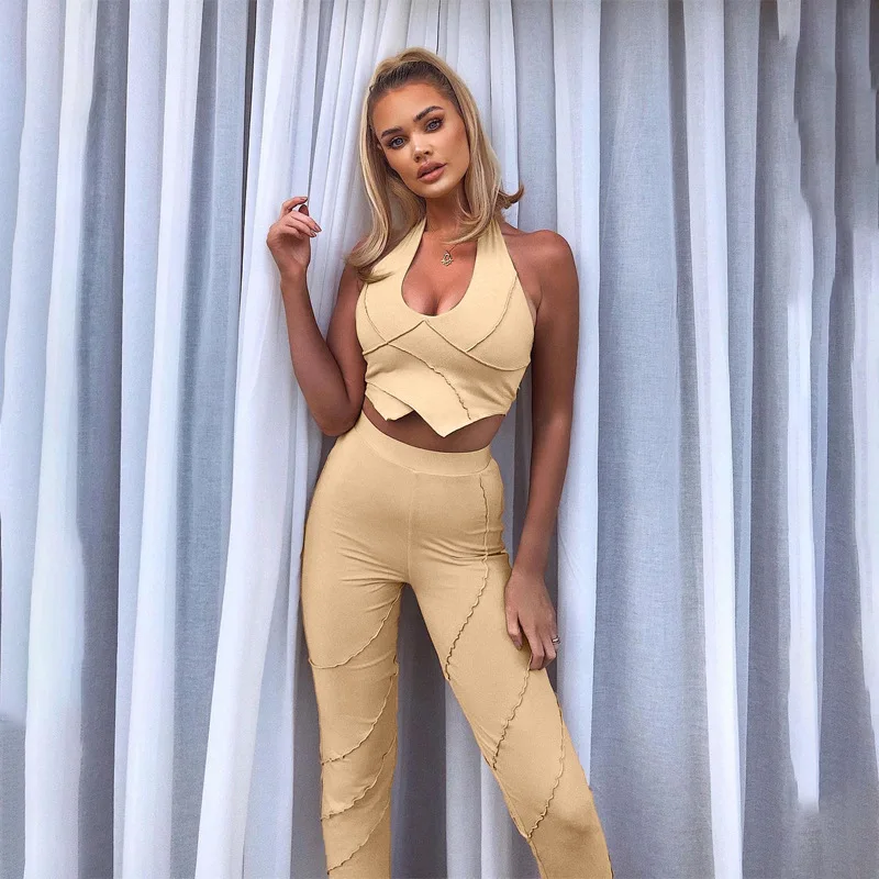 

2021 Yoga Summer Sets Solid Camisole Pants Woman Joggers Sleeveless Suits Set 2 Piece Women Outfit Two Piece Pants Set, Apricot