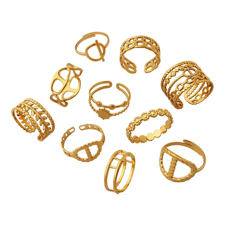 

Wholesale 10 Styles Fancy Gold Plated Stainless Steel Luxury Sun Flower Open Rings For Women