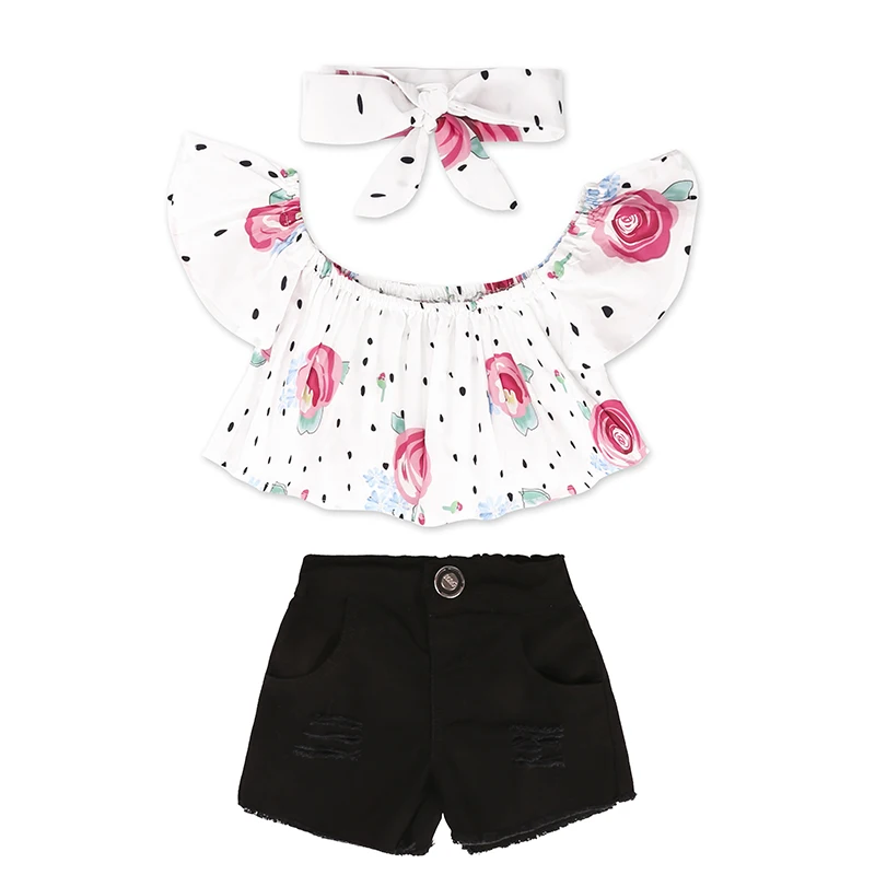 

Children Clothes Girls Kids Clothing Set Off Shoulder Floral T-shirt Tops+black Shorts + Hairband Girls Clothes Outfits Set, As picture