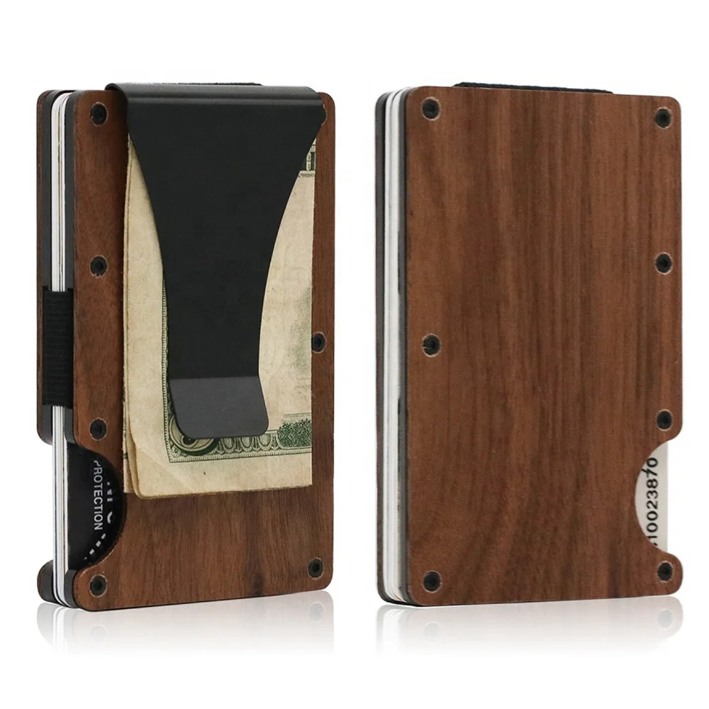 

X-WORLD Hot Sale Natural Wood Card Holder Aluminum Wallet Mens Ultra Slim Minimalist RFID Money Clip Wood Card Holder Wall