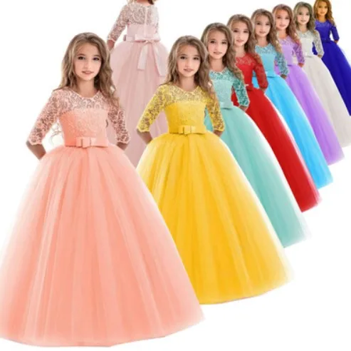 

girls party dresses Formal Ruffles Lace Wedding Party Evening Princess kids flower baby girl dress for girl 5-14 year, Red, pink, purple, etc, 5 colors