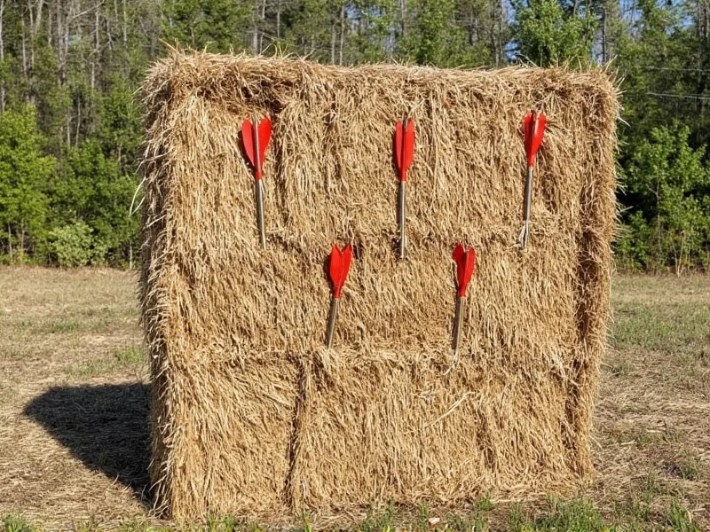 Completed DIY archery target with arrows embedded in straw bales