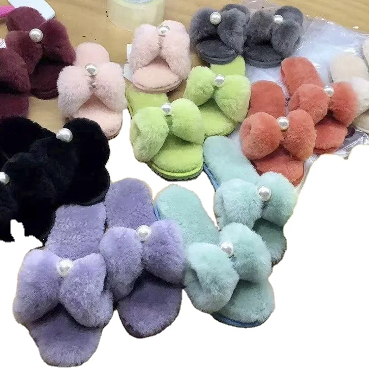 

Women's wool slippers open toe wholesale fashion indoor and outdoor pearl bow slippers