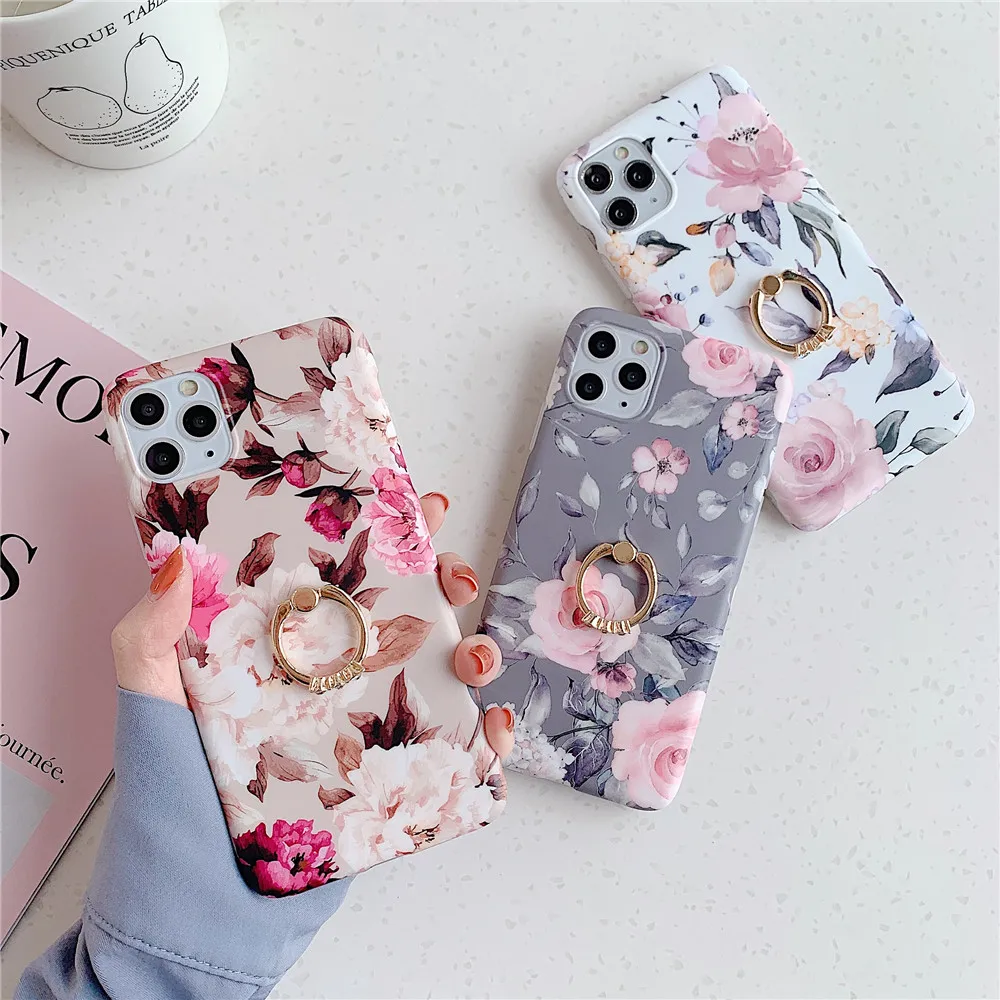 

Vintage Flowers Soft Matte Ring Holder Cellphone Cover for iPhone 11 Pro Max X XS Max,Phone Case for iPhone 12, 3 colors optional