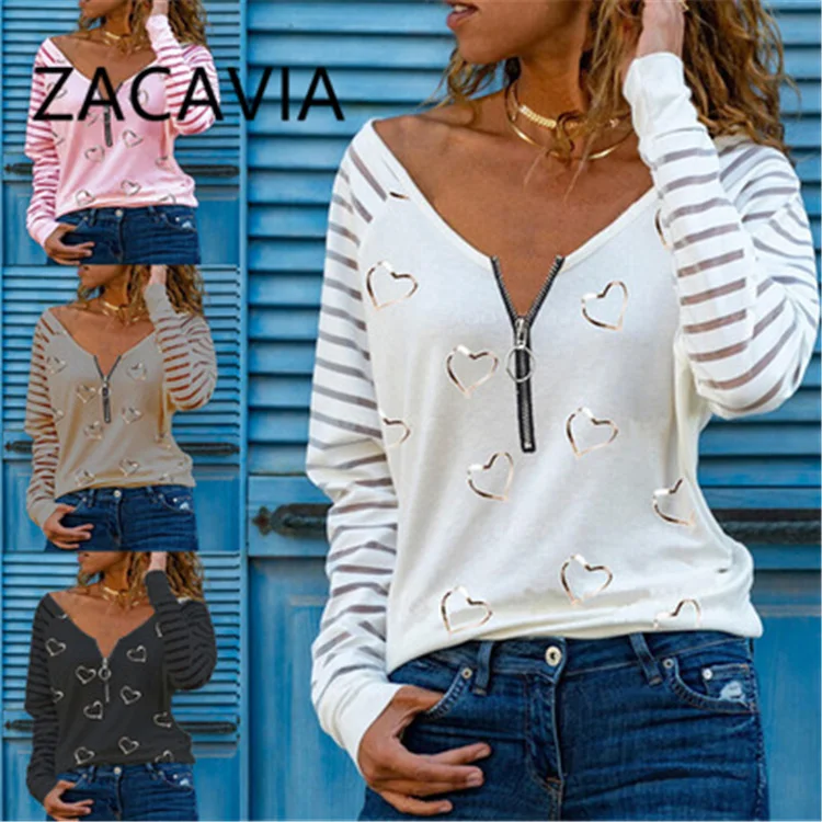 

ZACAVIA New Long Sleeve Love Print Ladies T-shirt V-neck Zipper T-shirt Ladies, Photo color