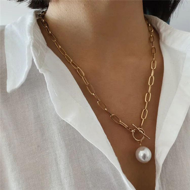 

Gothic Baroque Pearl Pendant Choker Necklace for Women Wedding Punk Big Bead Lariat Gold Color Long Chain Necklace Jewelry, White