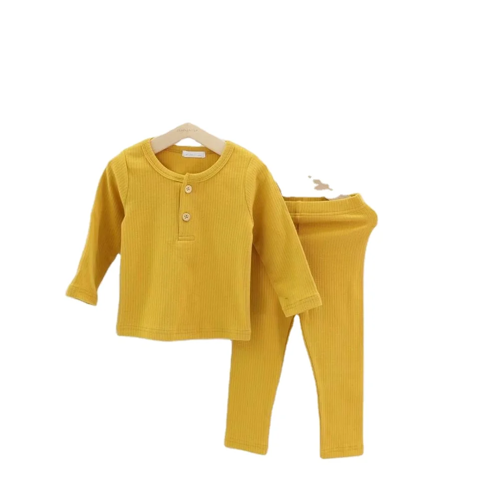 

children pajamas kids plain color ribbed cotton pajamas sets girls boys long sleeves sleepwear, Picture shows or accept customized