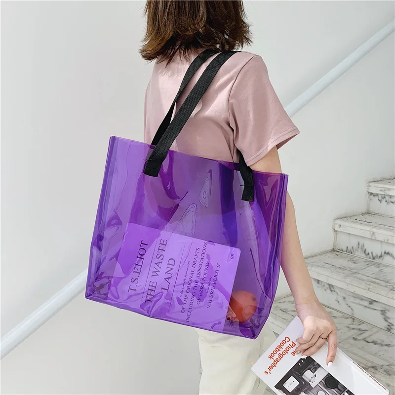 

Street Fashion Womens Transparent PVC Jelly Color Grocery Shopping Bag Handbag, 5 choices