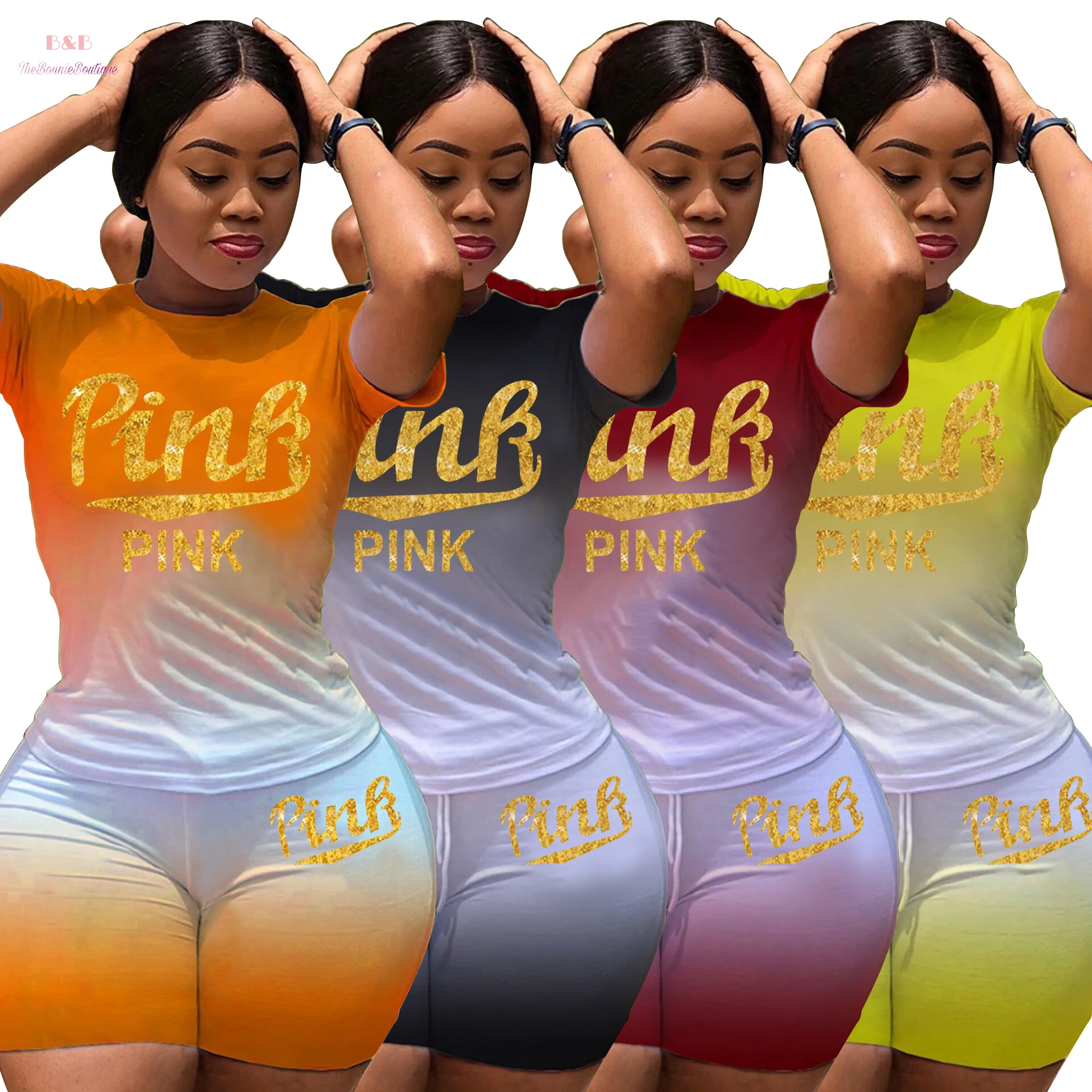 

B&B girls' clothing plus size sets cute summer outfits print letter gradient name brand PINK for wome 2 piece sets, Picture