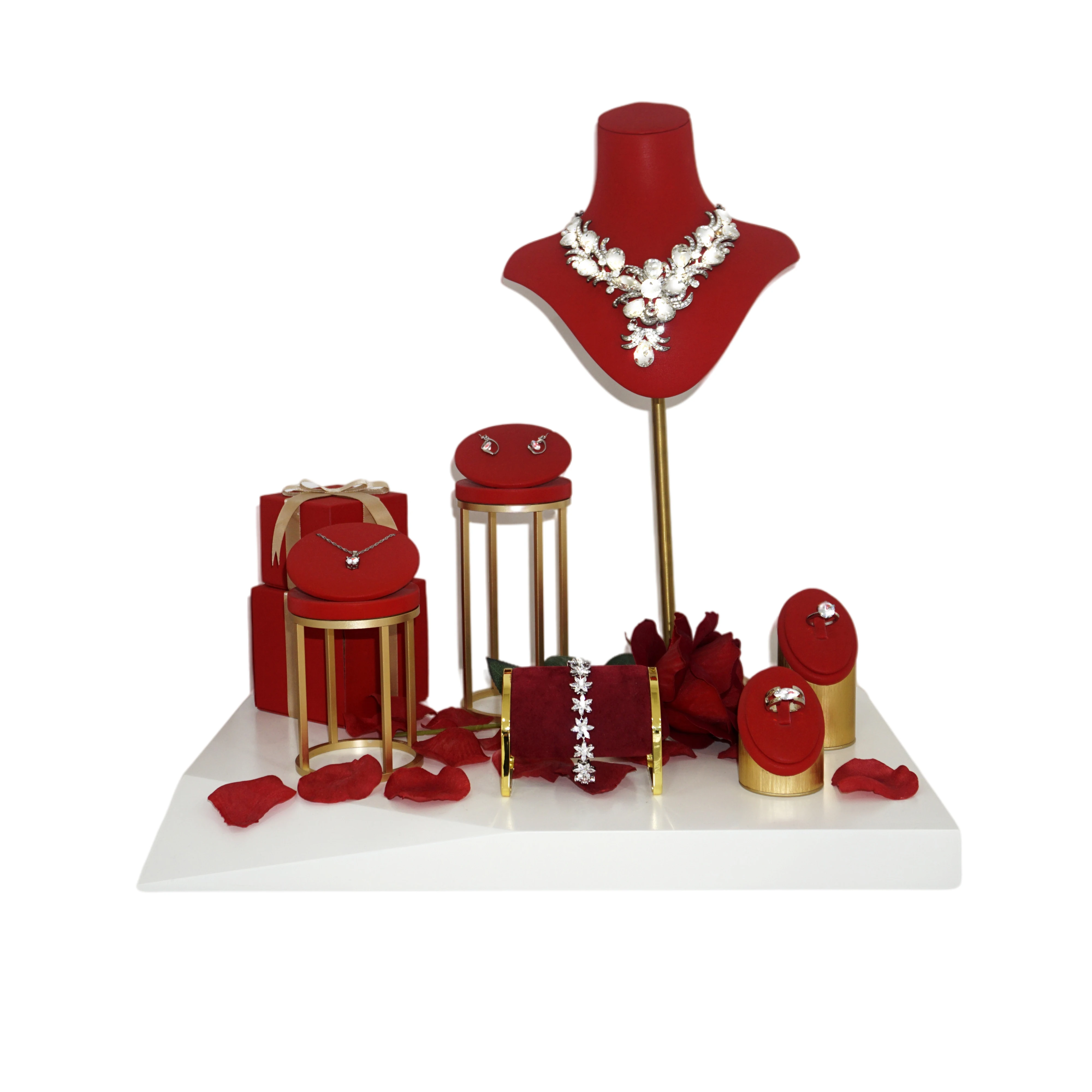 

SESI Factory Direct High Quality Gold Red Jewelry Display Set Custom Paint Pu Leather Metal Jewellery Display, Customized color