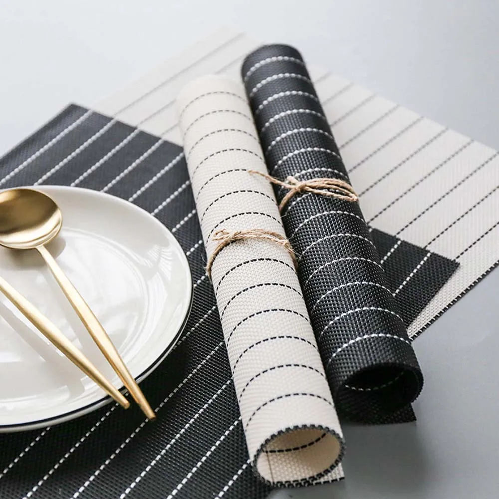 

2pcs Chic Stripe Placemat Black White Rectangle PVC Heat Insulation Table Mat Non-slip Pad For Dining Bowl Drink Coasters