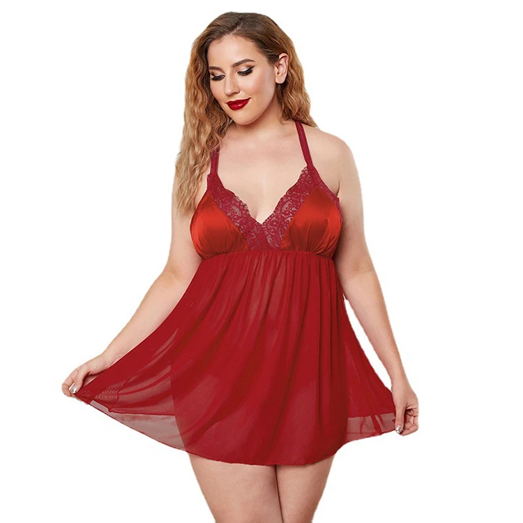 

2021 New Design European and American Plus Size Dress Amazon Fat Girl Lace Halter Pajamas Sexy Temptation Nightdress, Red,black