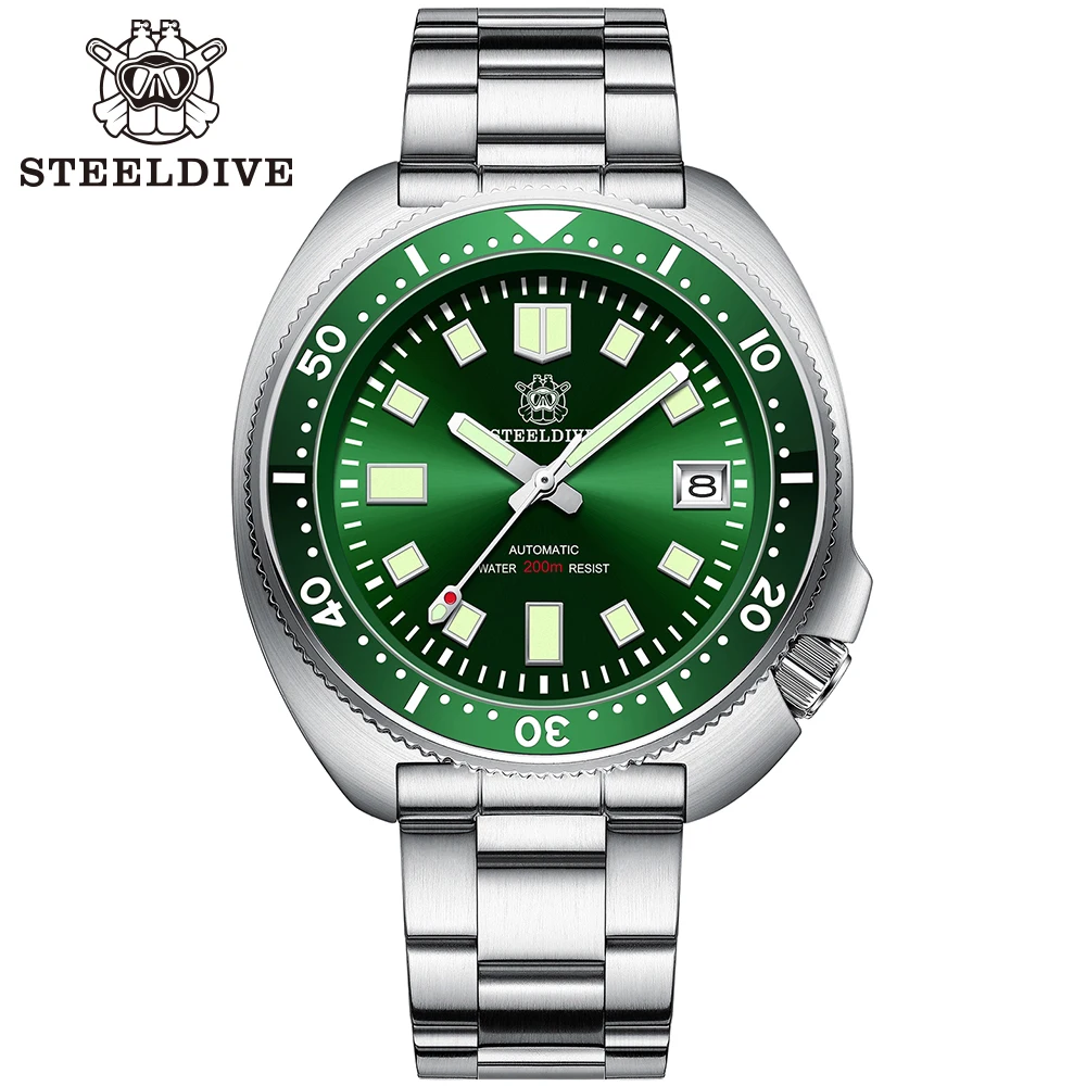 

New Arrival 2020 STEELDIVE Rubber Strap SD1970-GR Bi-color Luminous Green Ceramic Bezel NH35 200m 6105 Turtle Dive Watch