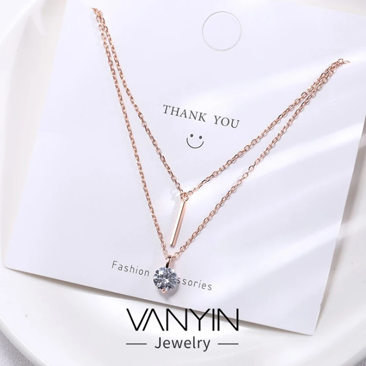 

Wholesale 925 sterling silver jewelry necklaces Rose Gold Zircon pendant necklace gold Double layered chain necklace