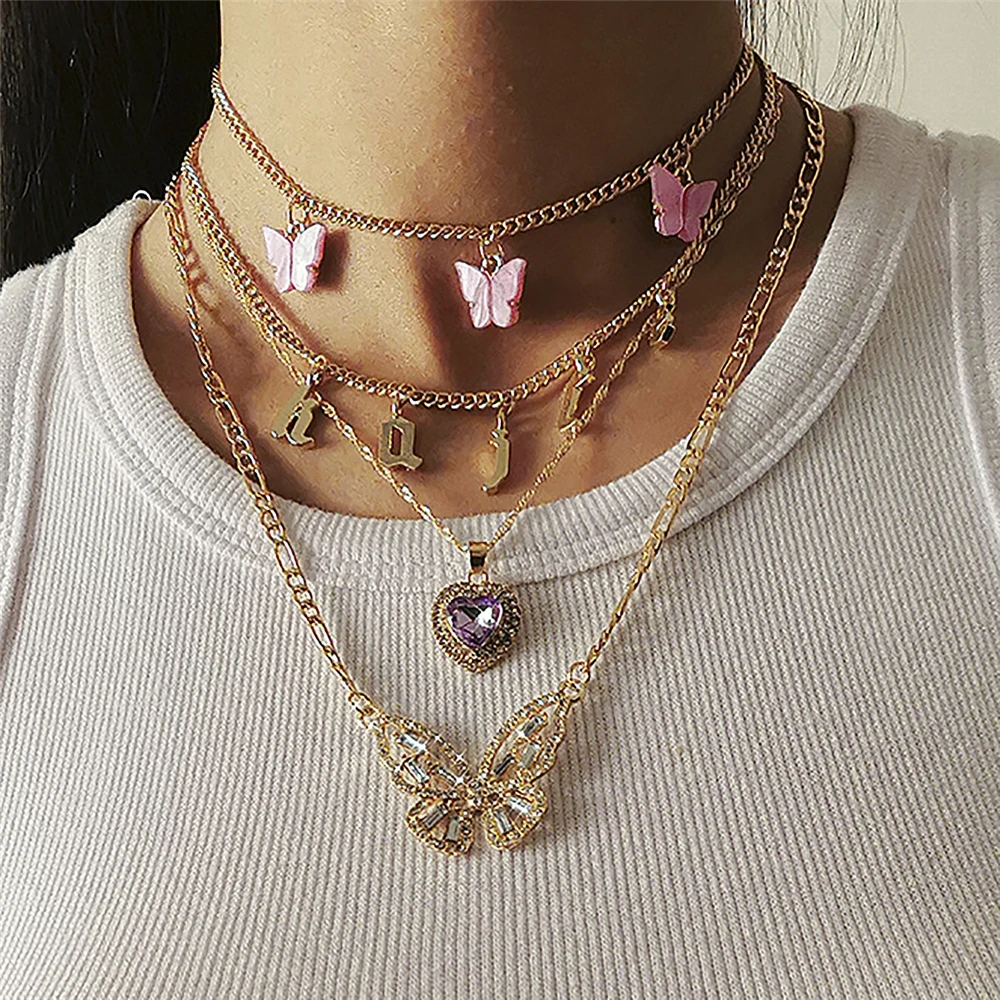 

Personalized heart-shaped tassel multi-layer necklaces women's hollow diamond butterfly letter necklace
