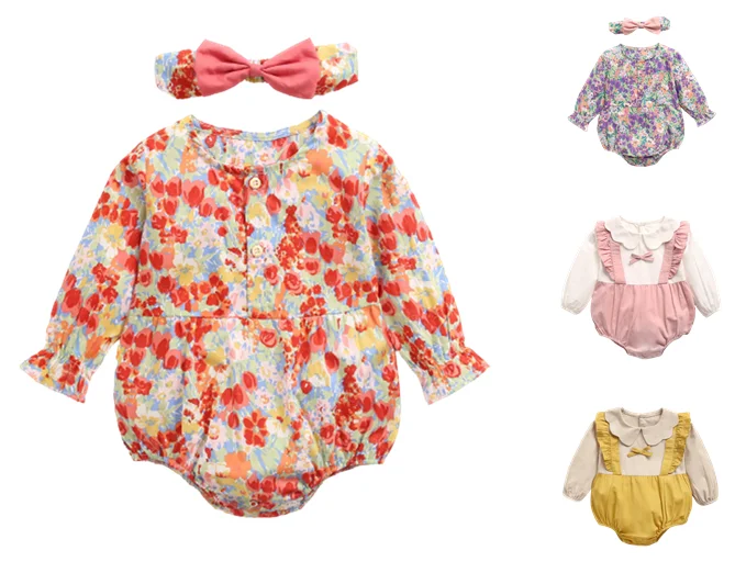 

2020 Spring Autumn long sleeve plaid suspender cartoon shirt bow flower solid color romper baby onesie for wholesale, As pic shows, we can according to your request also