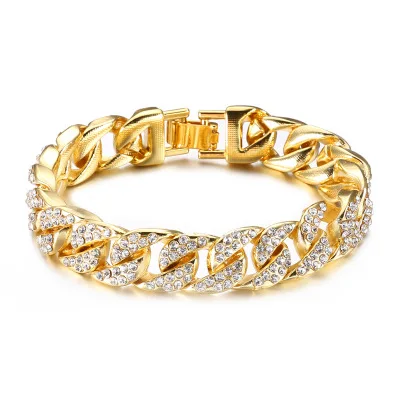 

Newest 14mm Crystal Rhinestone Hip Hop Chain Bracelet Gold Plated Iced out CZ Cuban Link Chain Bracelet For Men