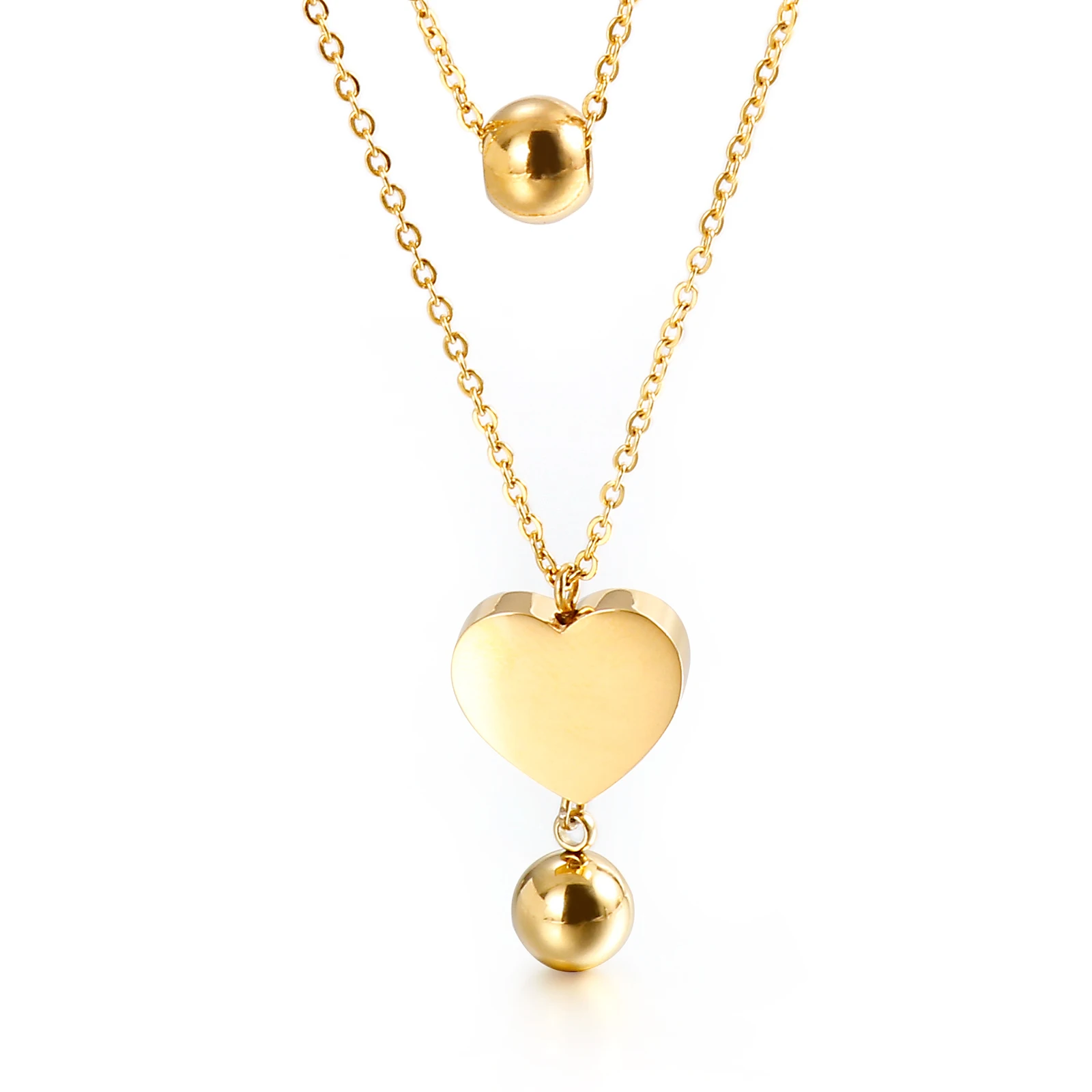 

Wholesale Jewelry Double Chains Necklace Stainless Steel Women Love Heart & Bead Necklace, Silver/gold