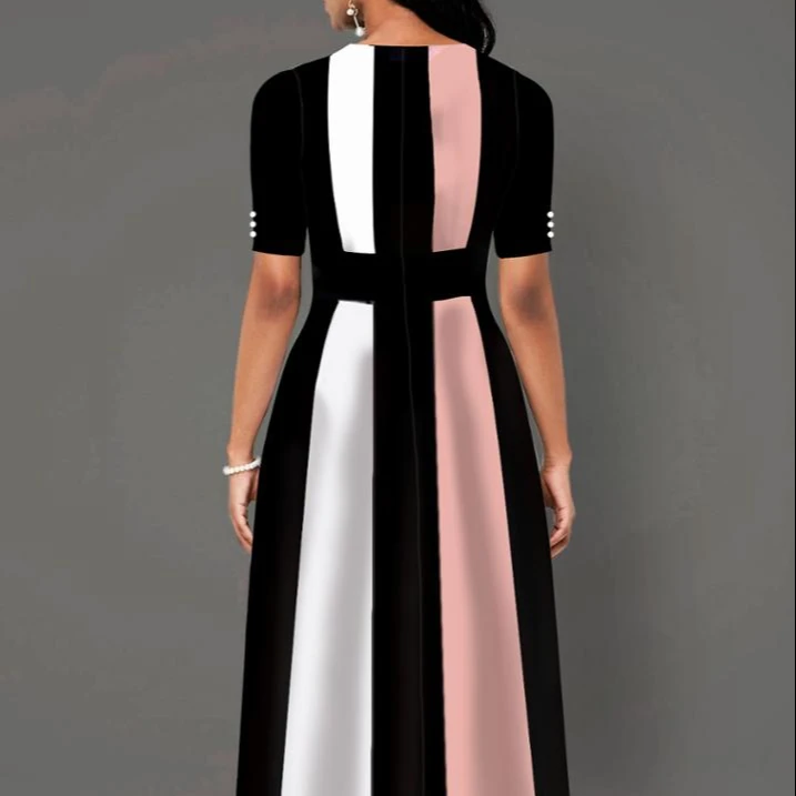 

2021 Hot sale fashion high collar satin long color contrast casual dress women casual dress